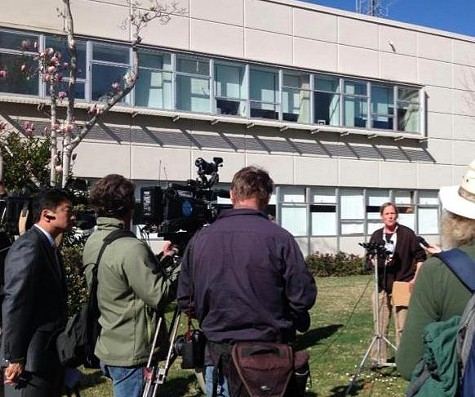 Copwatchs Andrea Pritchett speaks to press in front of the Berkeley Police Department on February 28.
