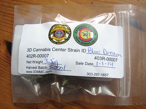 A legal eighth-ounce of Blue Dream bought in Colorado Jan. 1. Note the seal of law enforcement. California is next.