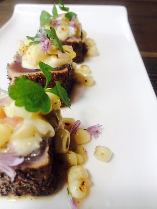A seared tuna dish currently in development.