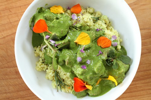 Herb beef stew over romanesco cauliflower tebouleh. Herb beef stew over romanesco cauliflower tebouleh.