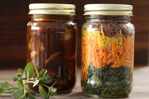 Dish components are stored in individual jars. Dish components are stored in individual jars.